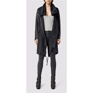 All Saints Black Kaito Lea Parka Lambs Leather Sleeves Size 6